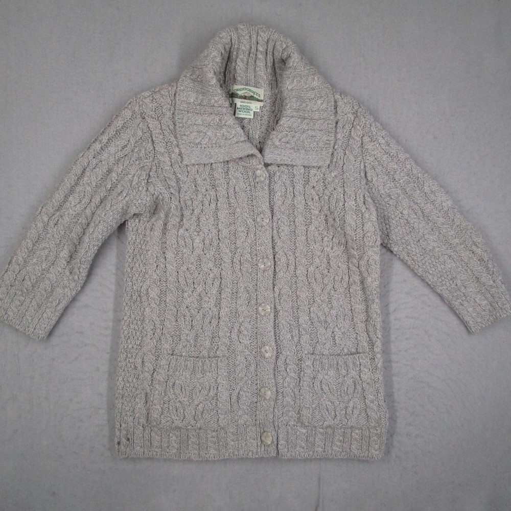 Aran Crafts Merino Wool Cable Knit Cardigan Sweater Gray Shawl Collar Ireland S